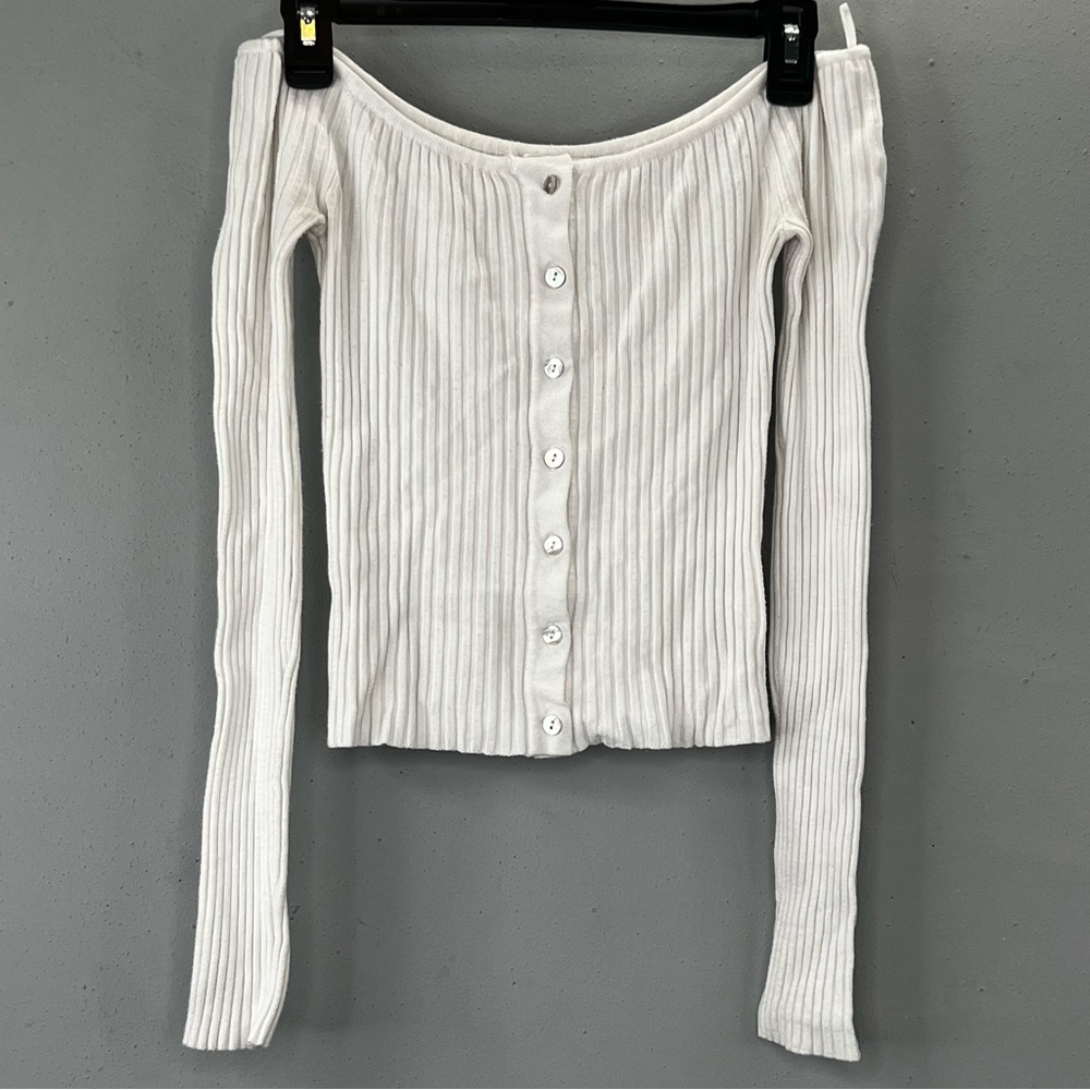 Lottie Moss Off-Shoulder Long/Sleeve Shirt White Button-Up Ribbed Small